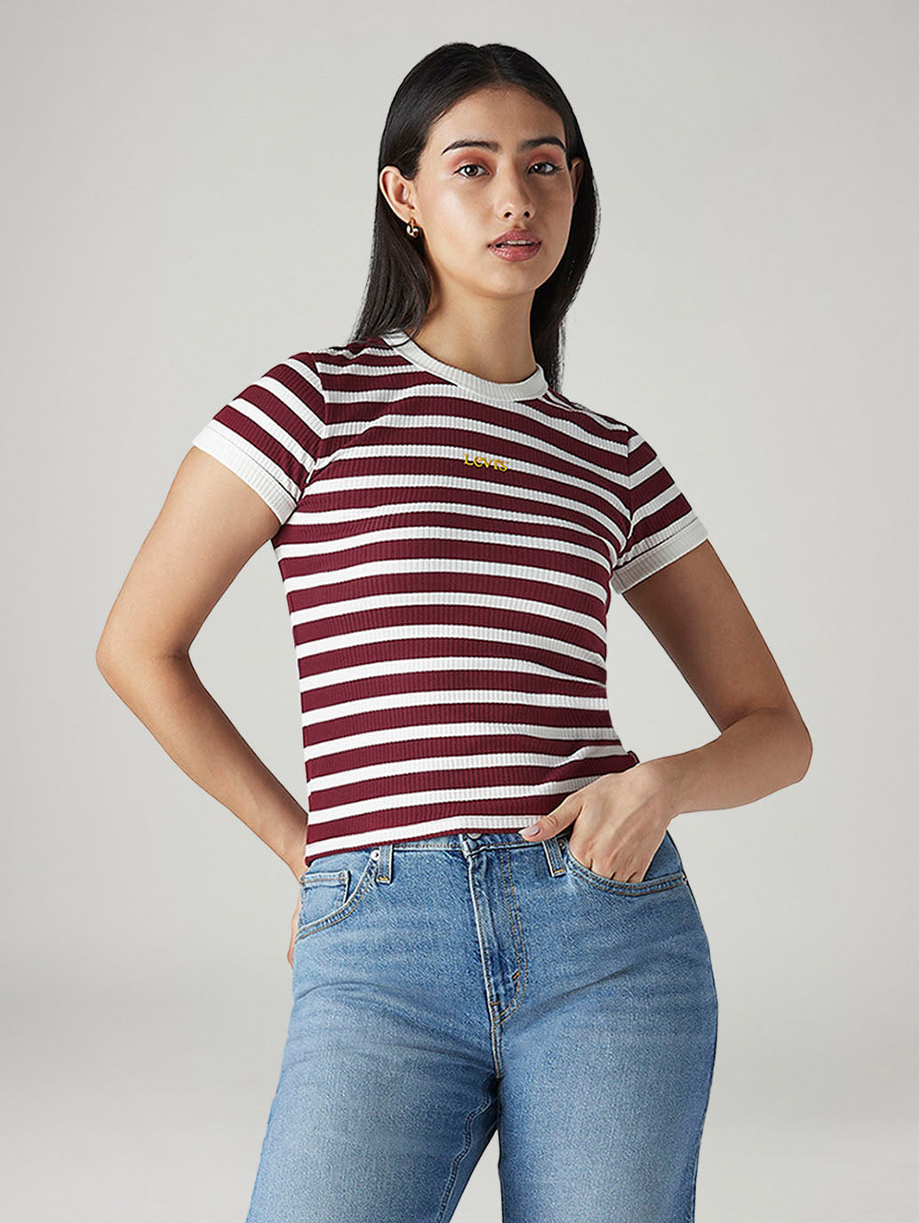 Women's Striped Slim Fit Ribbed T-Shirt