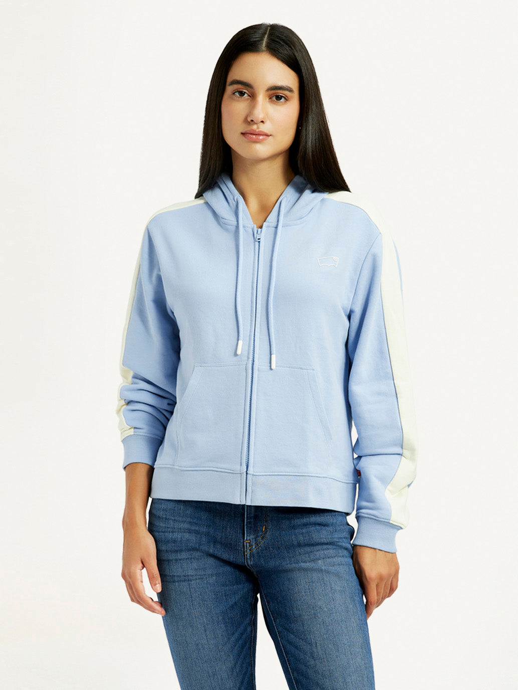Women's Striped Light Blue Hooded Sweatshirt - Front View