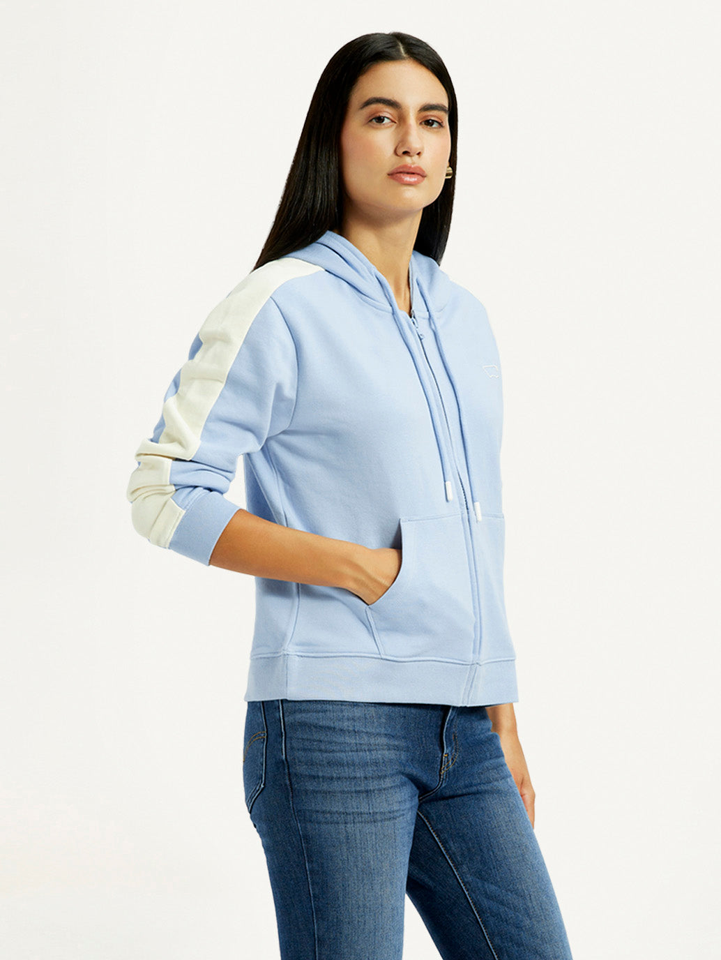 Women's Striped Light Blue Hooded Sweatshirt - Side View