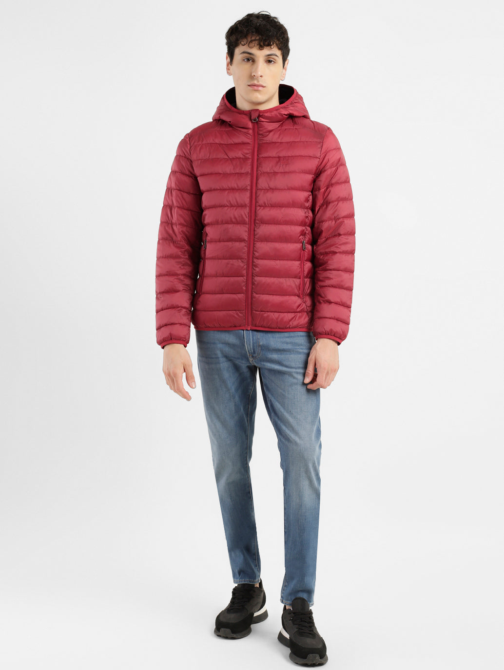 Men's Solid Red Hooded Jacket