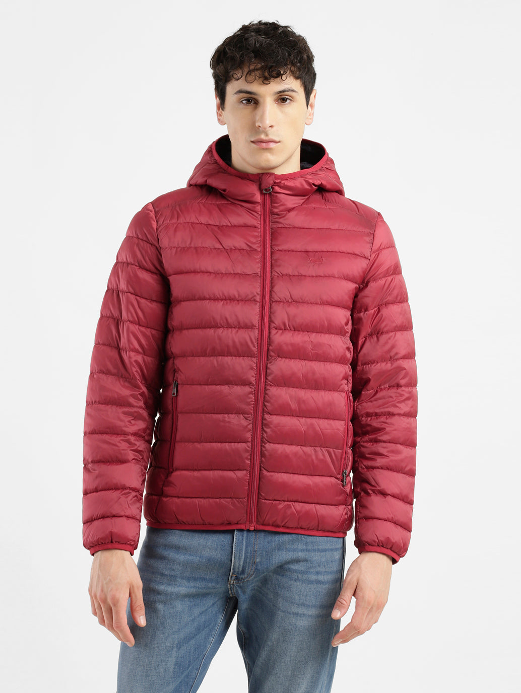 Men's Solid Red Hooded Jacket