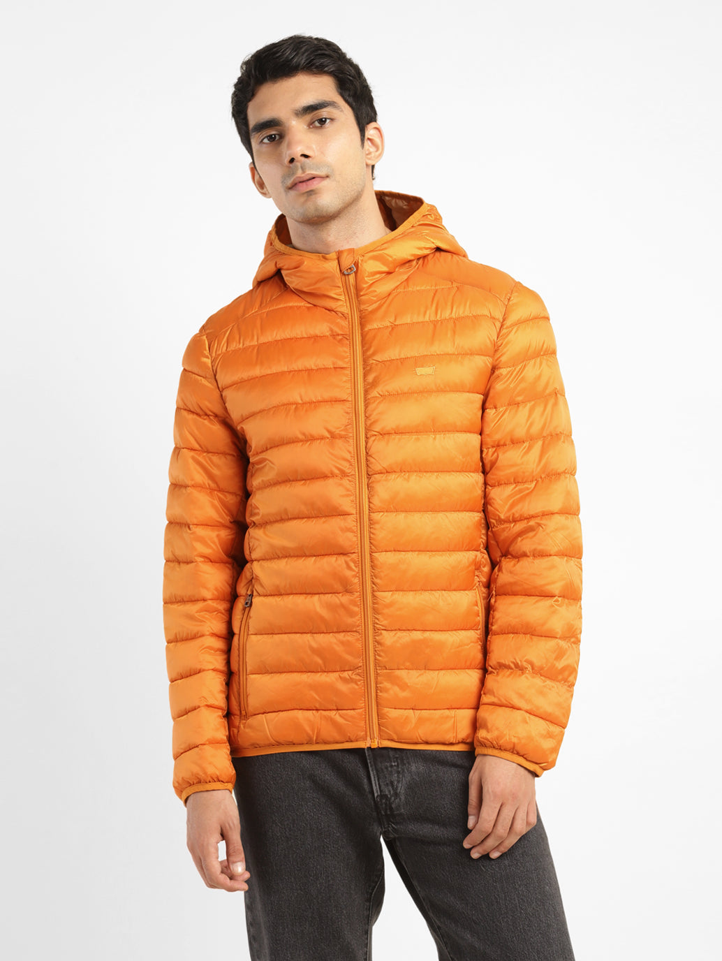 Men's Solid Orange Hooded Jacket