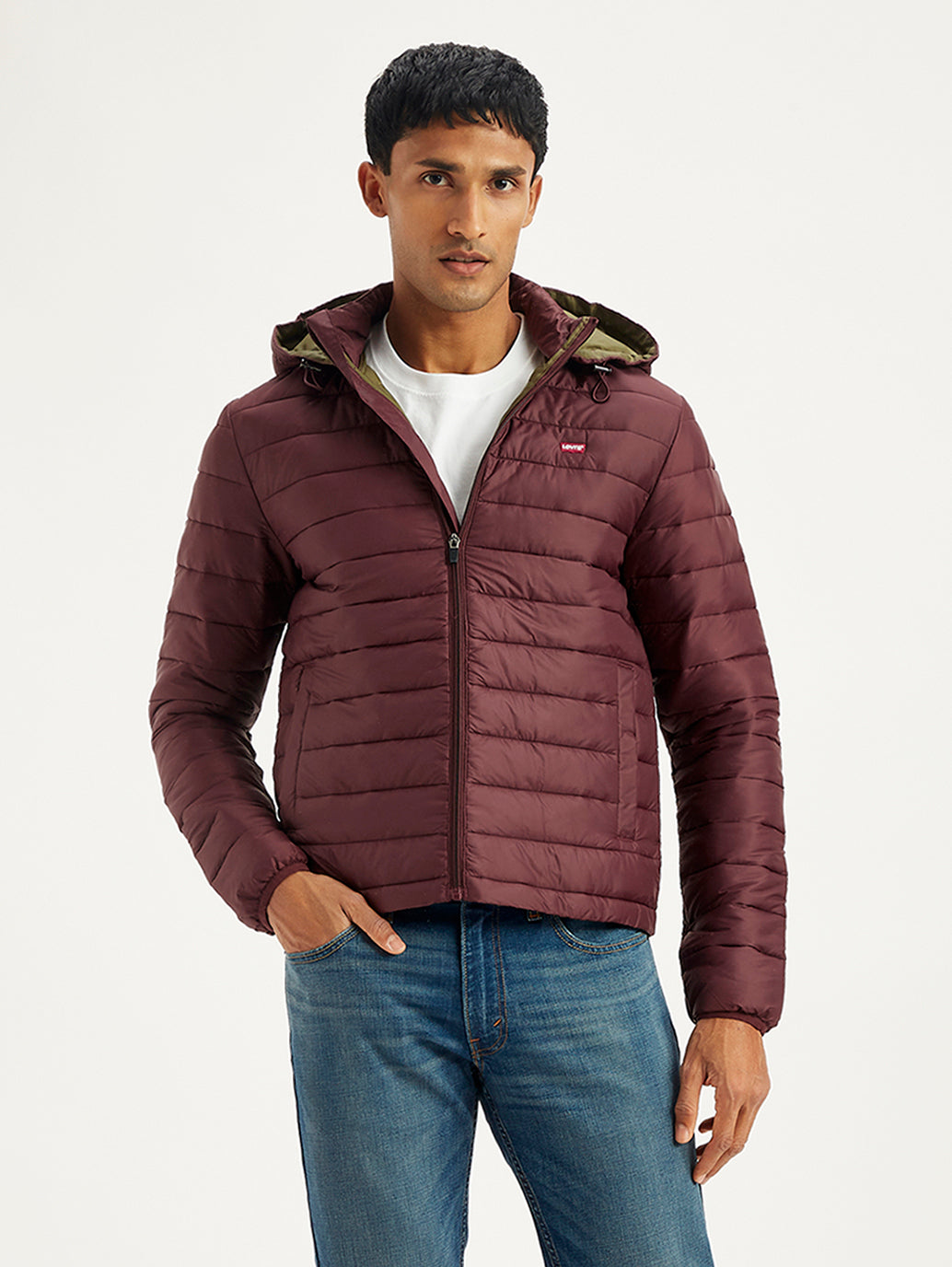 Men's Quilted Maroon Hooded Puffer Jacket