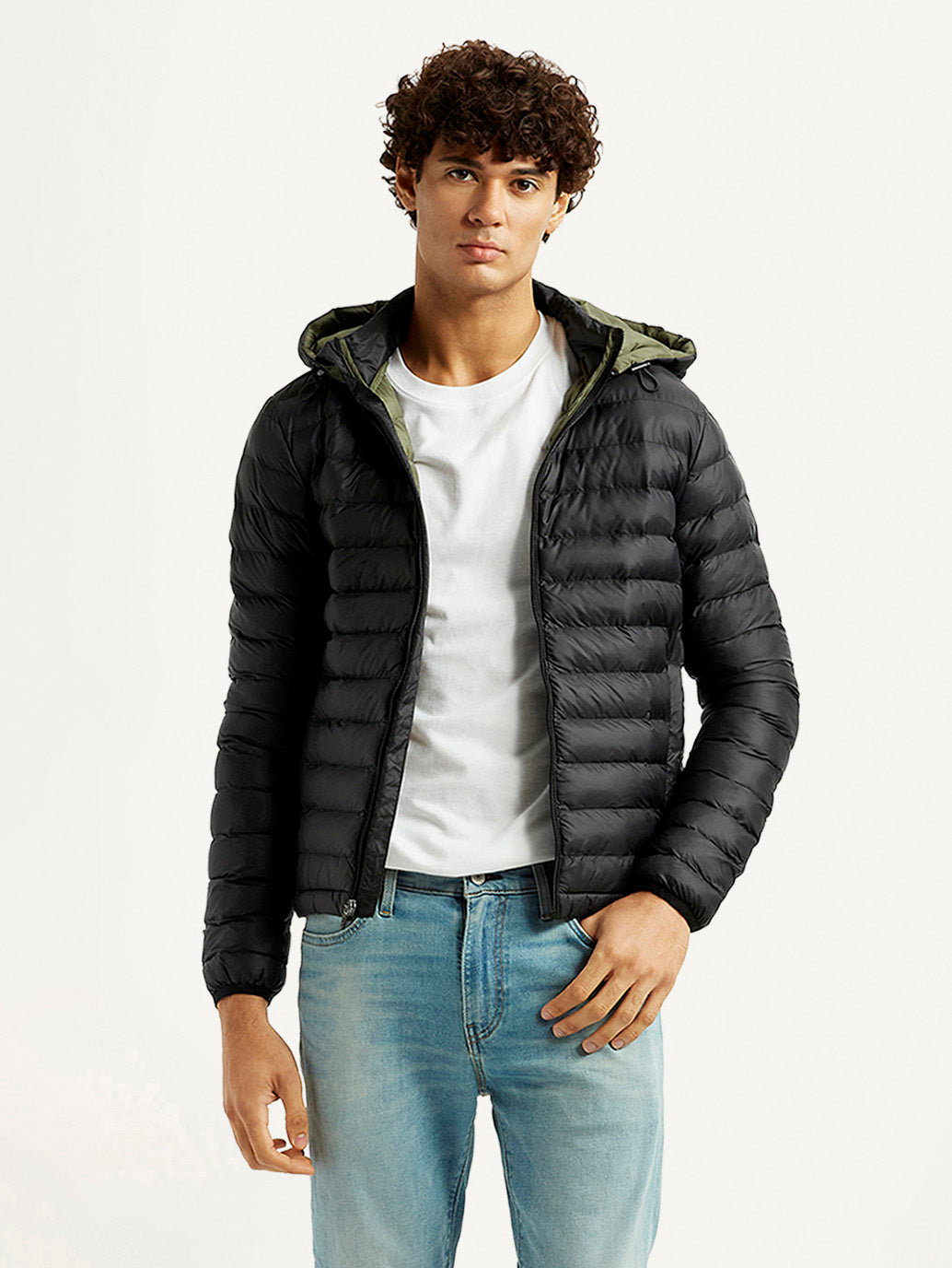 Men's Quilted Black Puffer Jacket - Front View