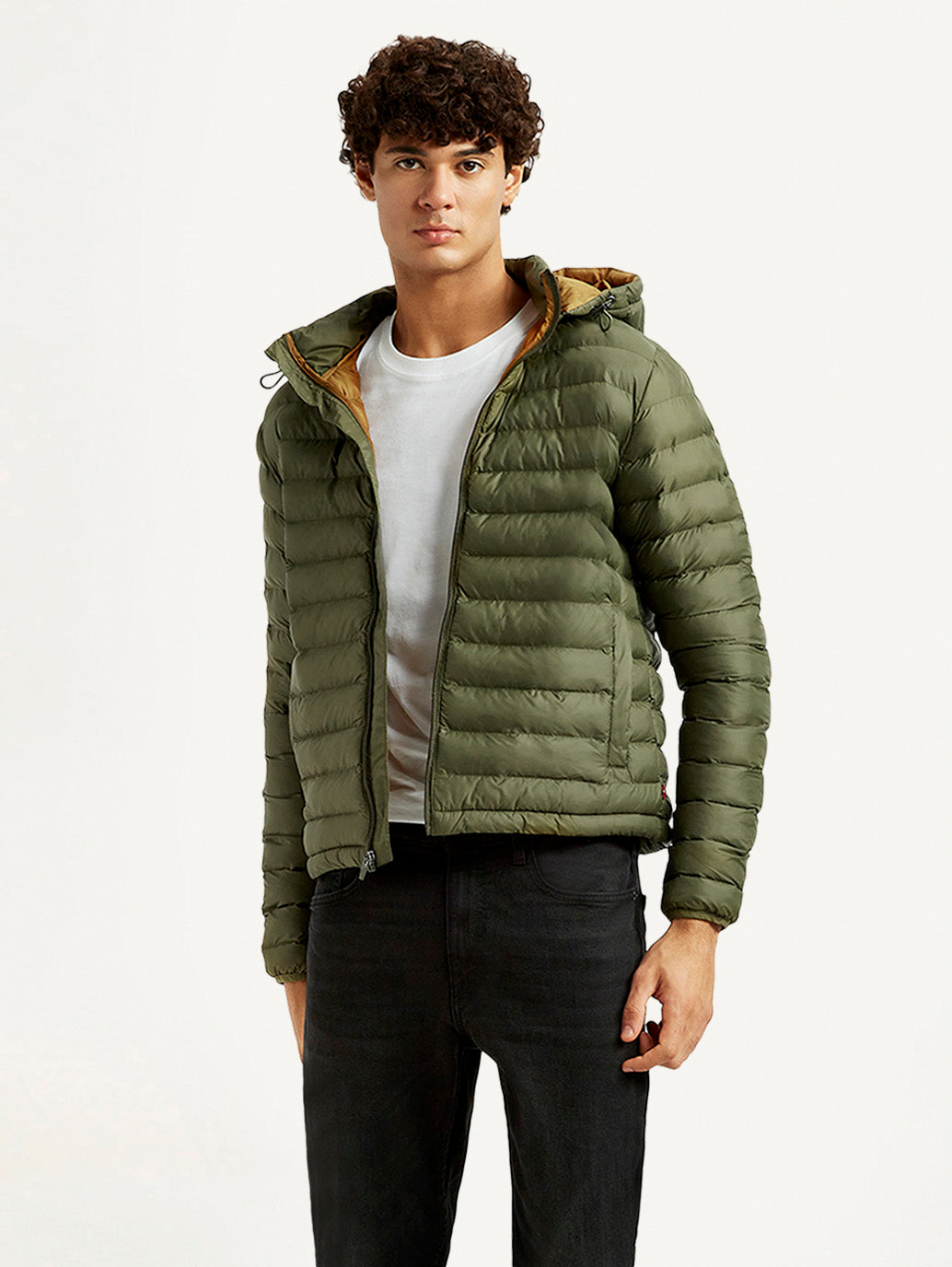 Men's Solid Olive Puffer Jacket - Styleshot View