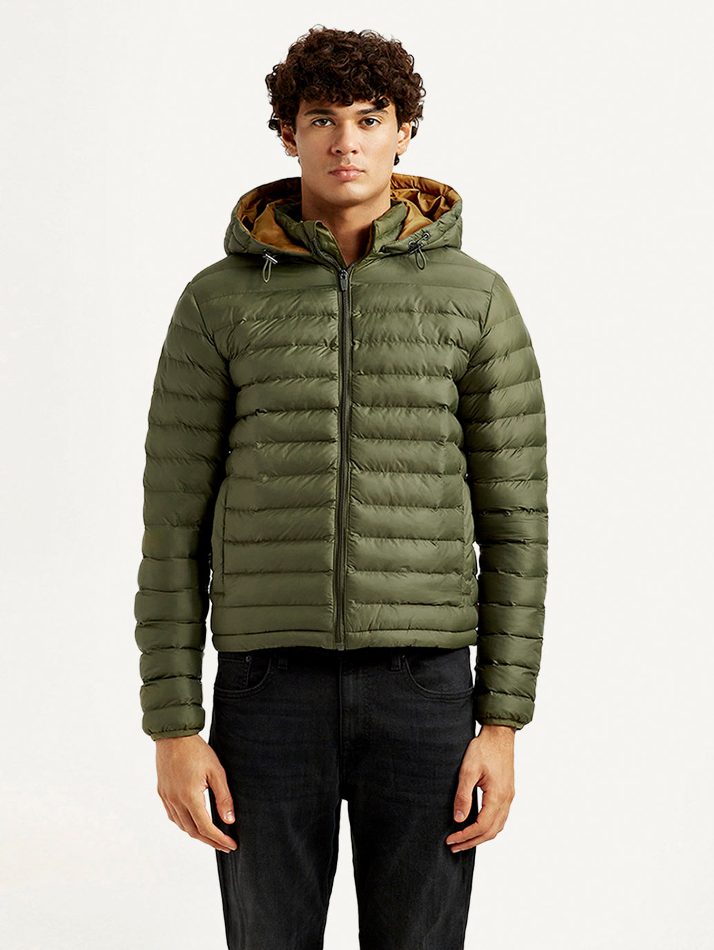 Men's Solid Olive Puffer Jacket - Front View