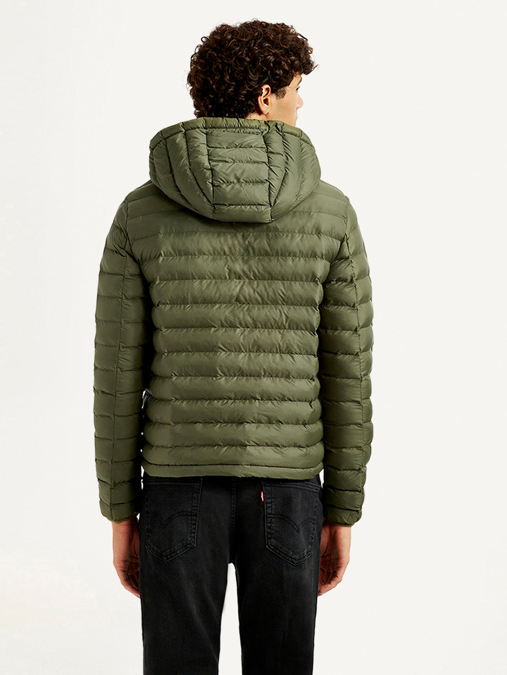 Men's Solid Olive Puffer Jacket - Back View