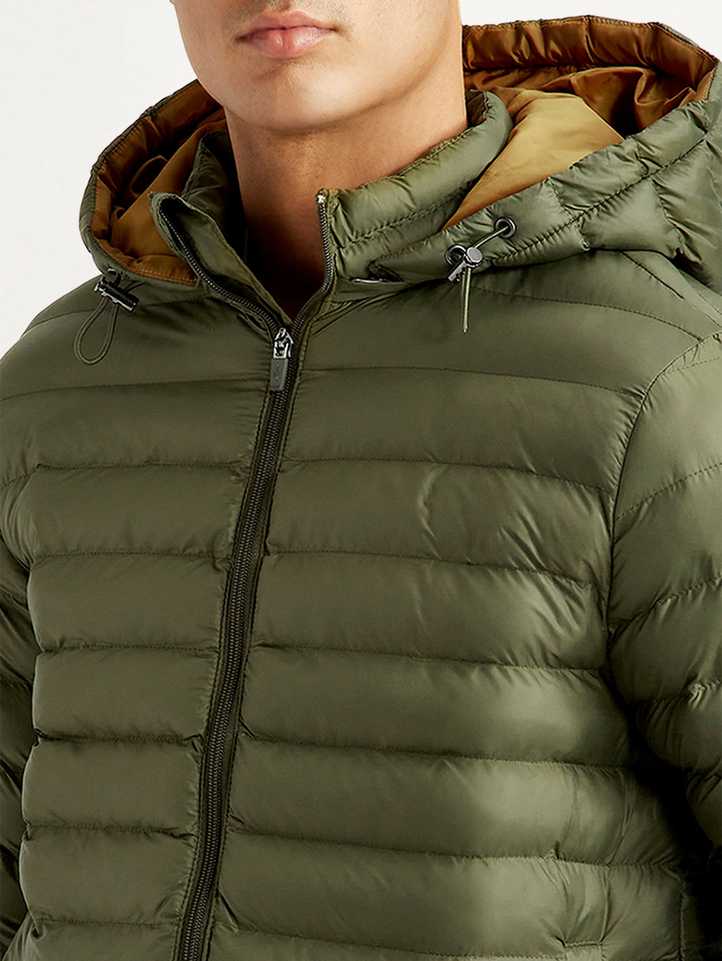 Men's Solid Olive Puffer Jacket - Detail View