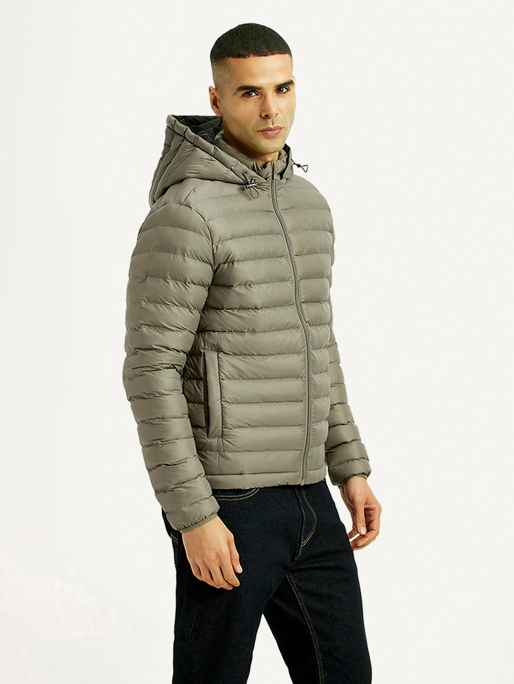 Men's Quilted Grey Puffer Jacket - Side View