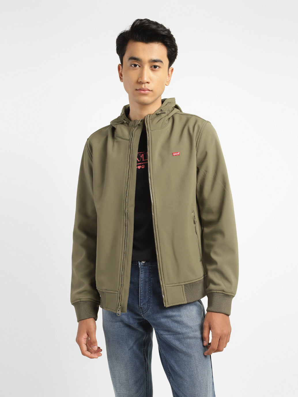 Men's Solid olive green Hooded Bomber Jacket