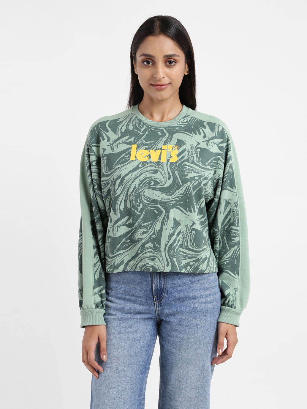 Women's Printed Green Crew Neck Sweatshirt