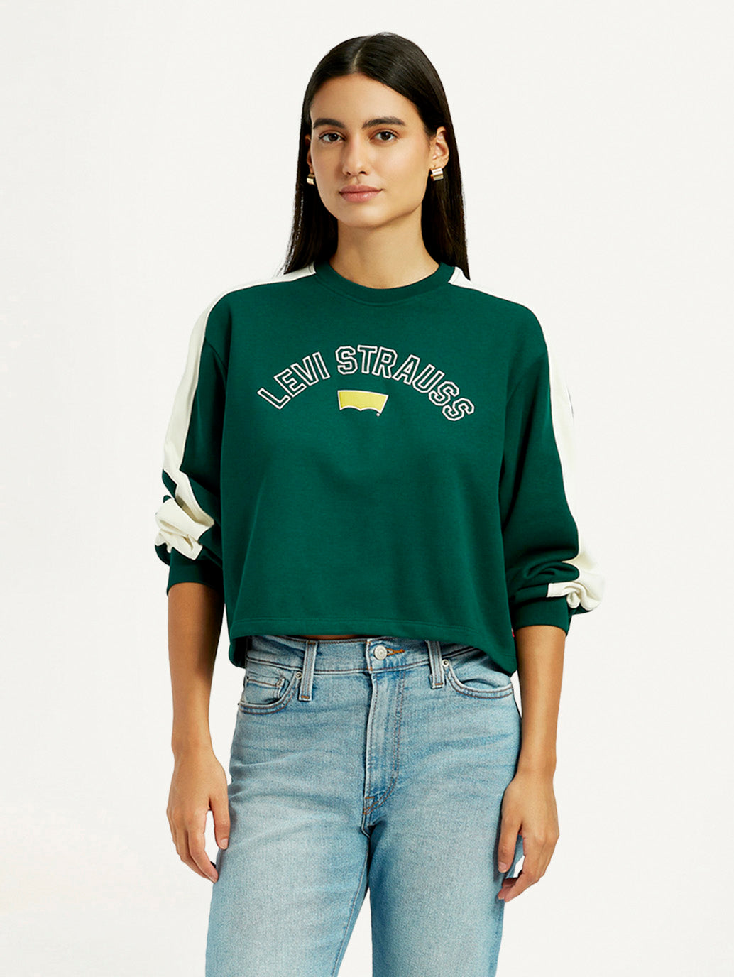 Women's Colorblock Dark Green Crew Neck Sweatshirt