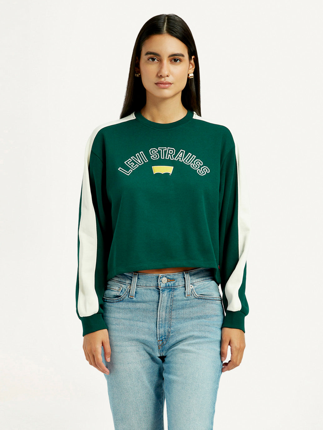 Women's Colorblock Dark Green Crew Neck Sweatshirt - Front View