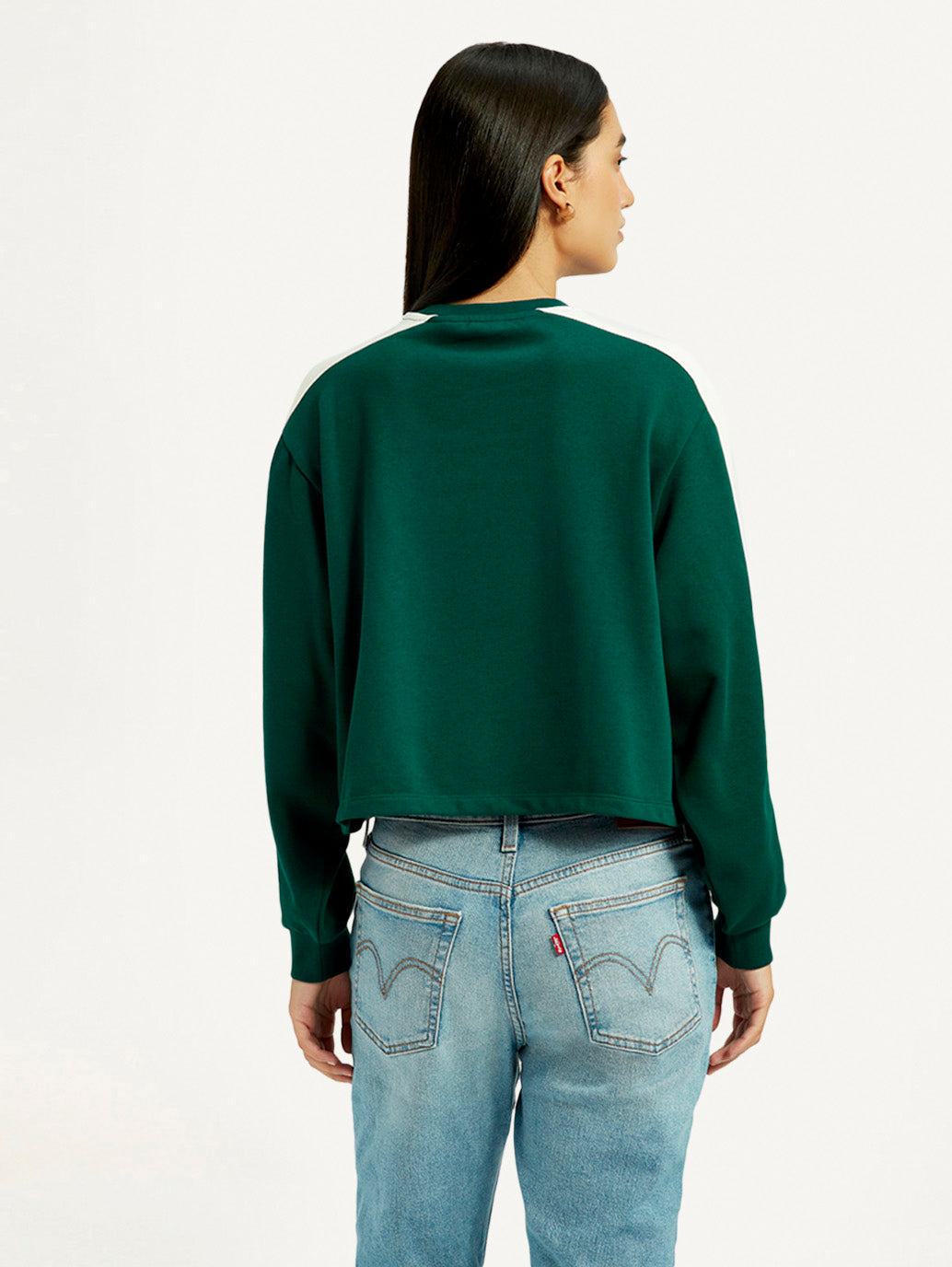 Women's Colorblock Dark Green Crew Neck Sweatshirt - Back View