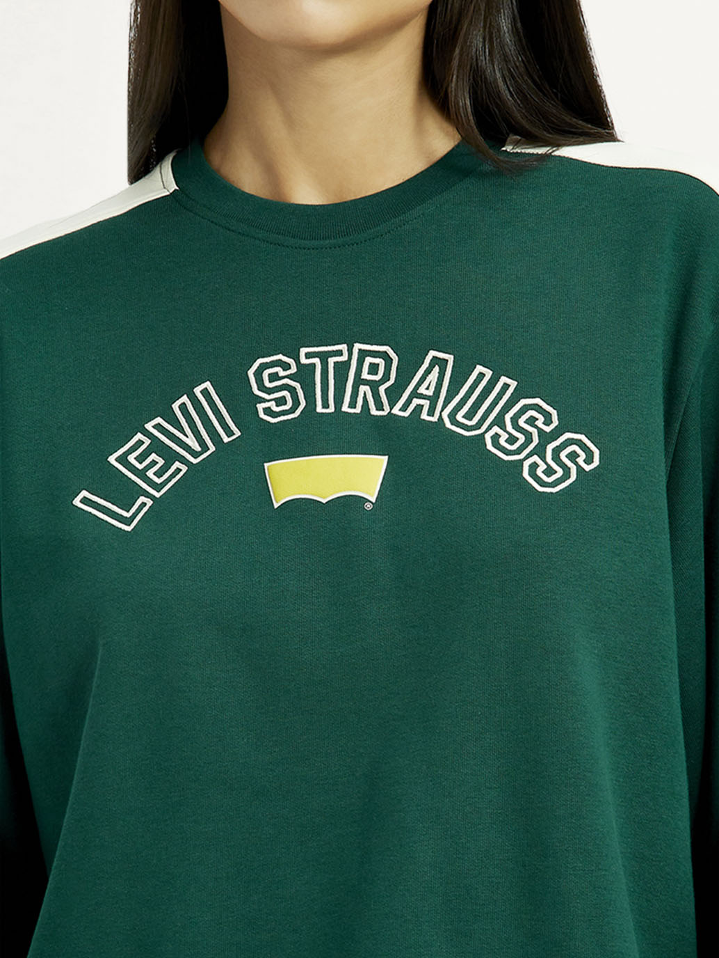 Women's Colorblock Dark Green Crew Neck Sweatshirt - Detail View