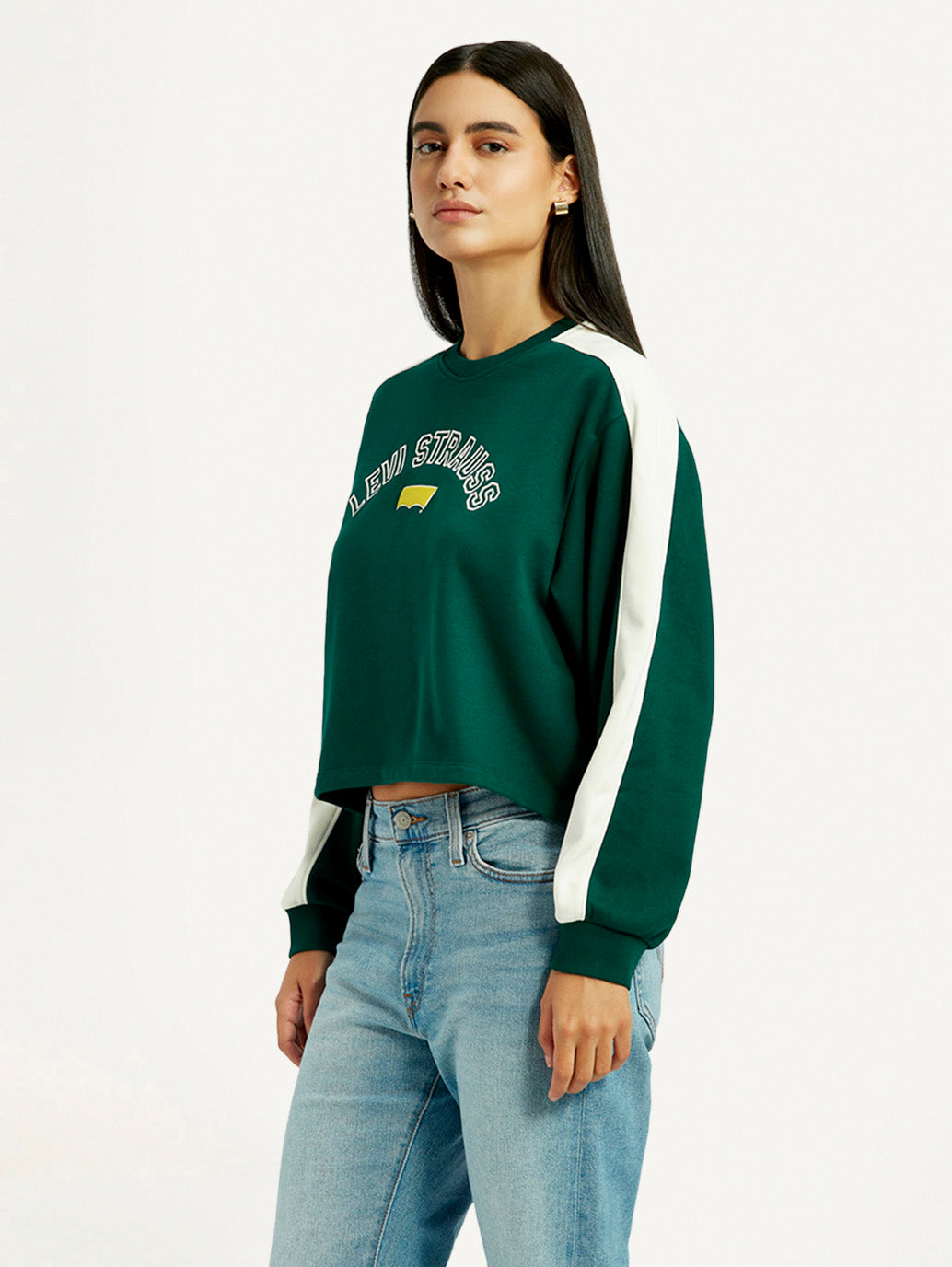 Women's Colorblock Dark Green Crew Neck Sweatshirt - Side View