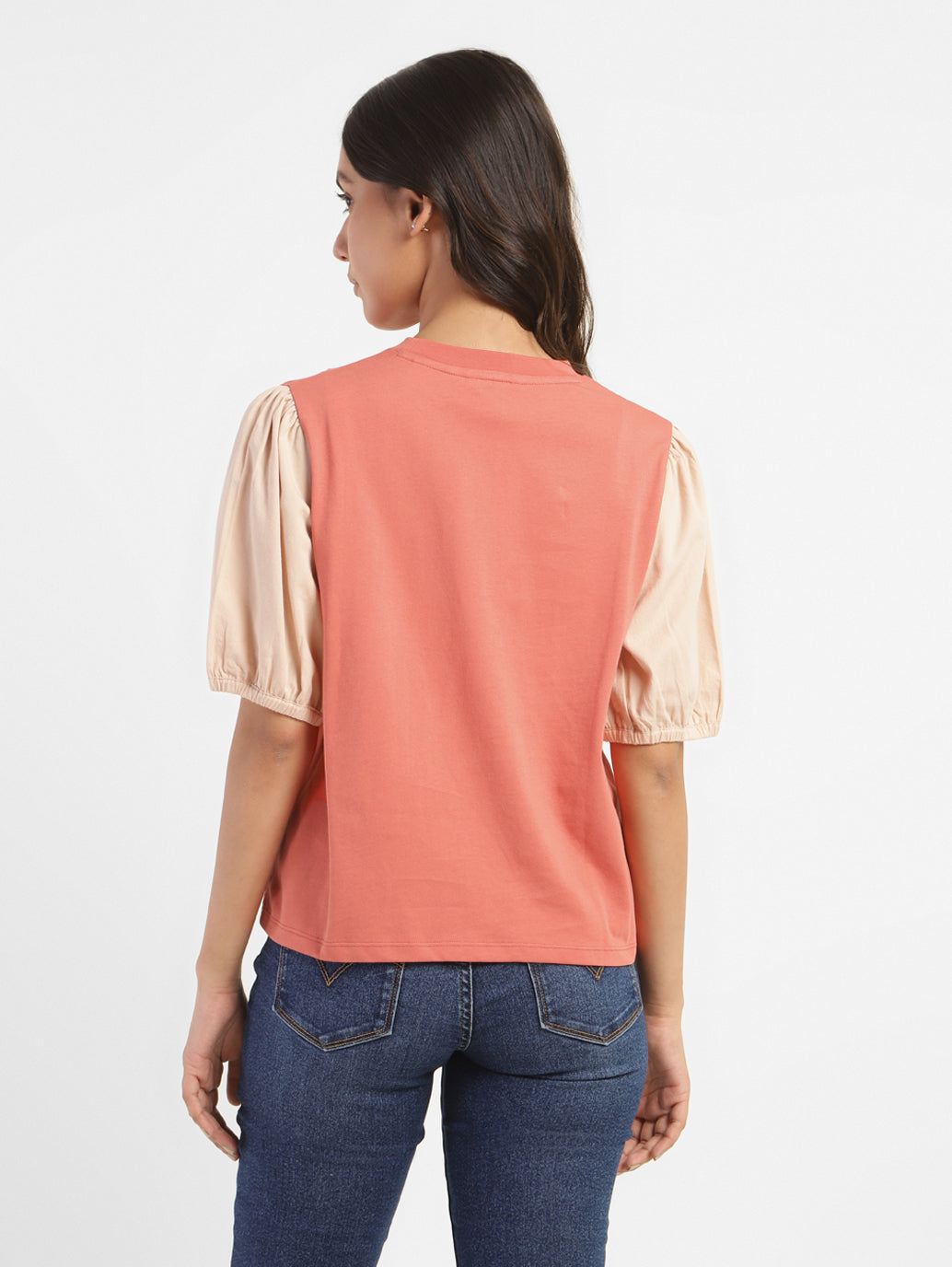 Women's Colorblock Round Neck Top Coral