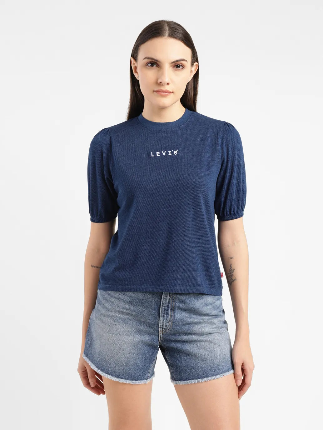 Women's Brand Logo Indigo Crew Neck Top