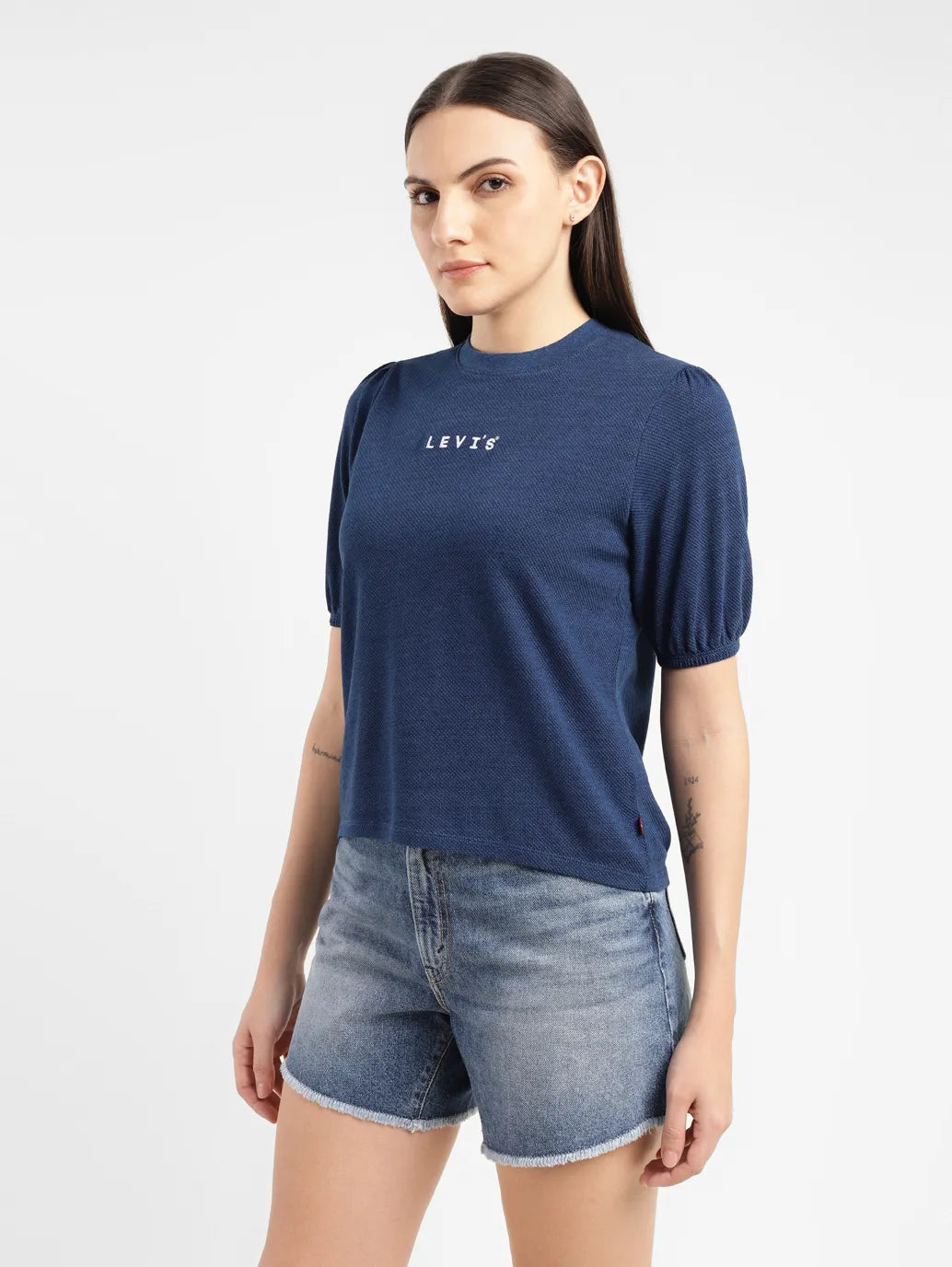 Women's Brand Logo Indigo Crew Neck Top