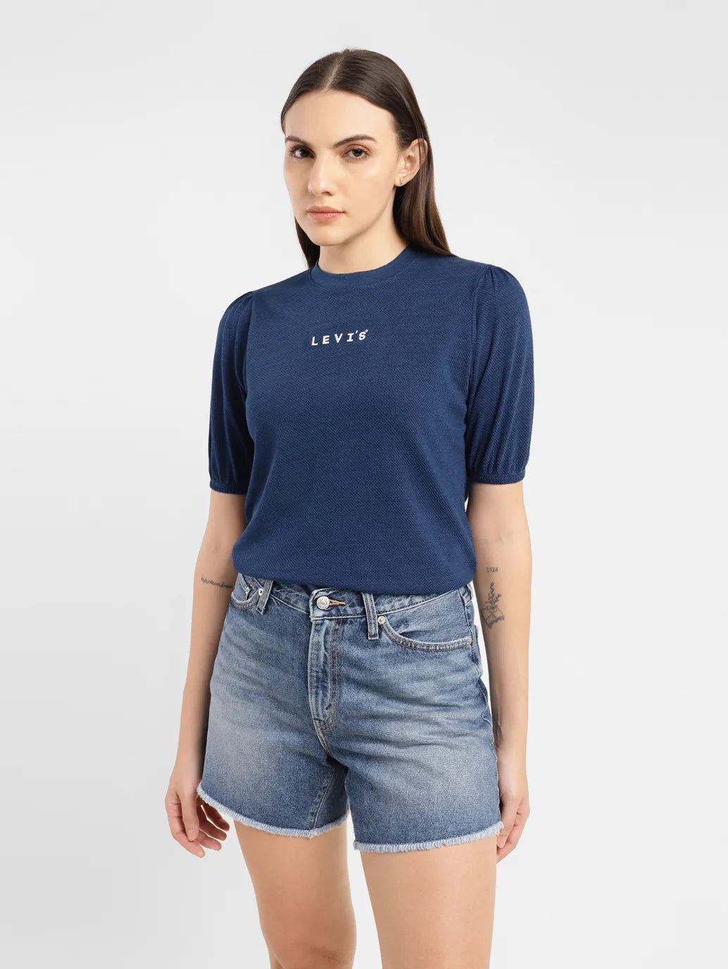 Women's Brand Logo Indigo Crew Neck Top