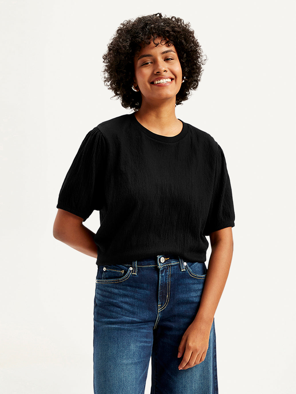 Women's Textured Black Crew Neck Top
