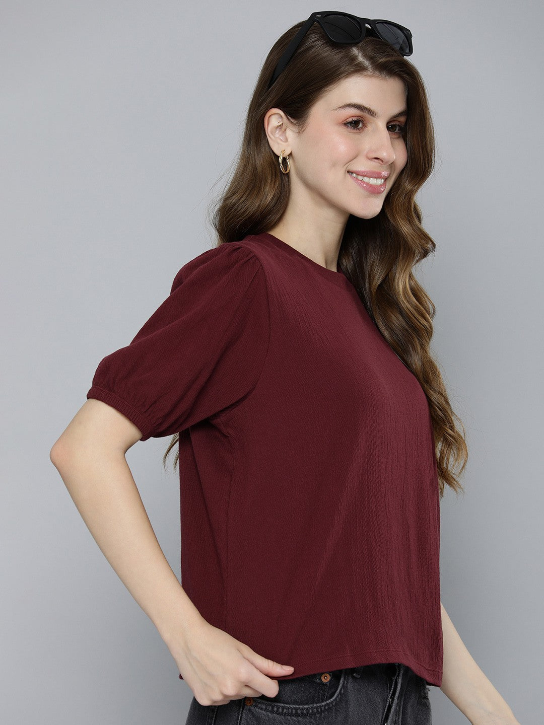 Women's Textured Maroon Round Neck Top