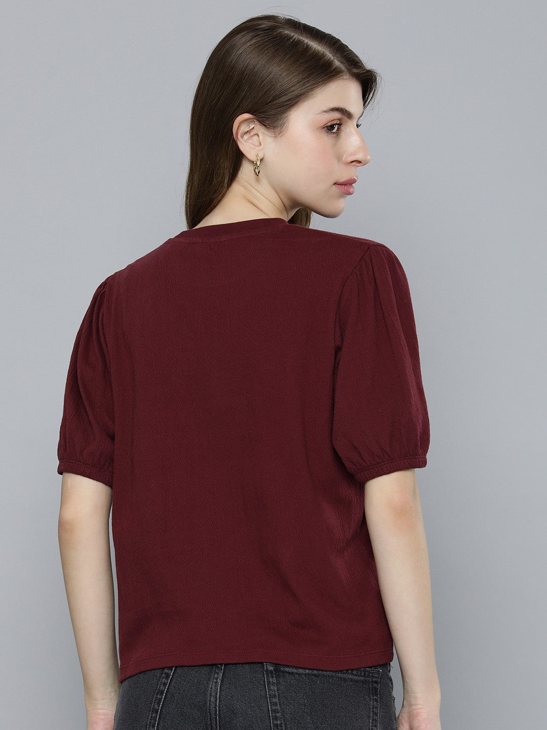 Women's Textured Maroon Round Neck Top