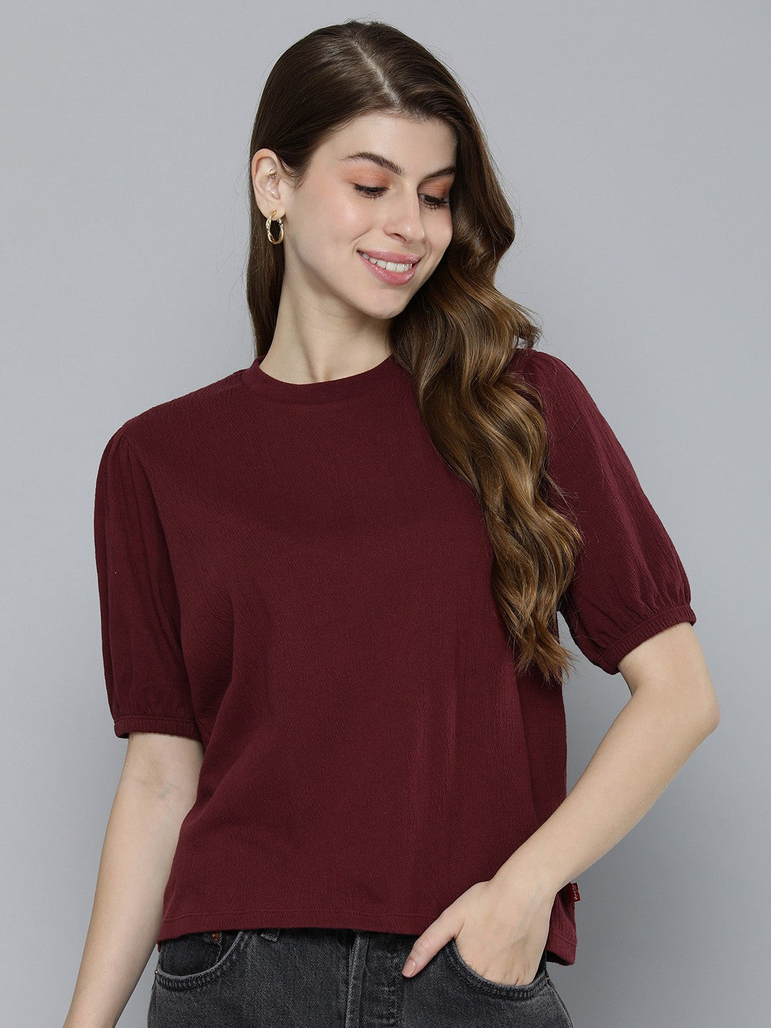 Women's Textured Maroon Round Neck Top