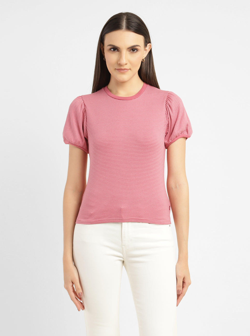 Women's Striped Pink Round Neck Tops