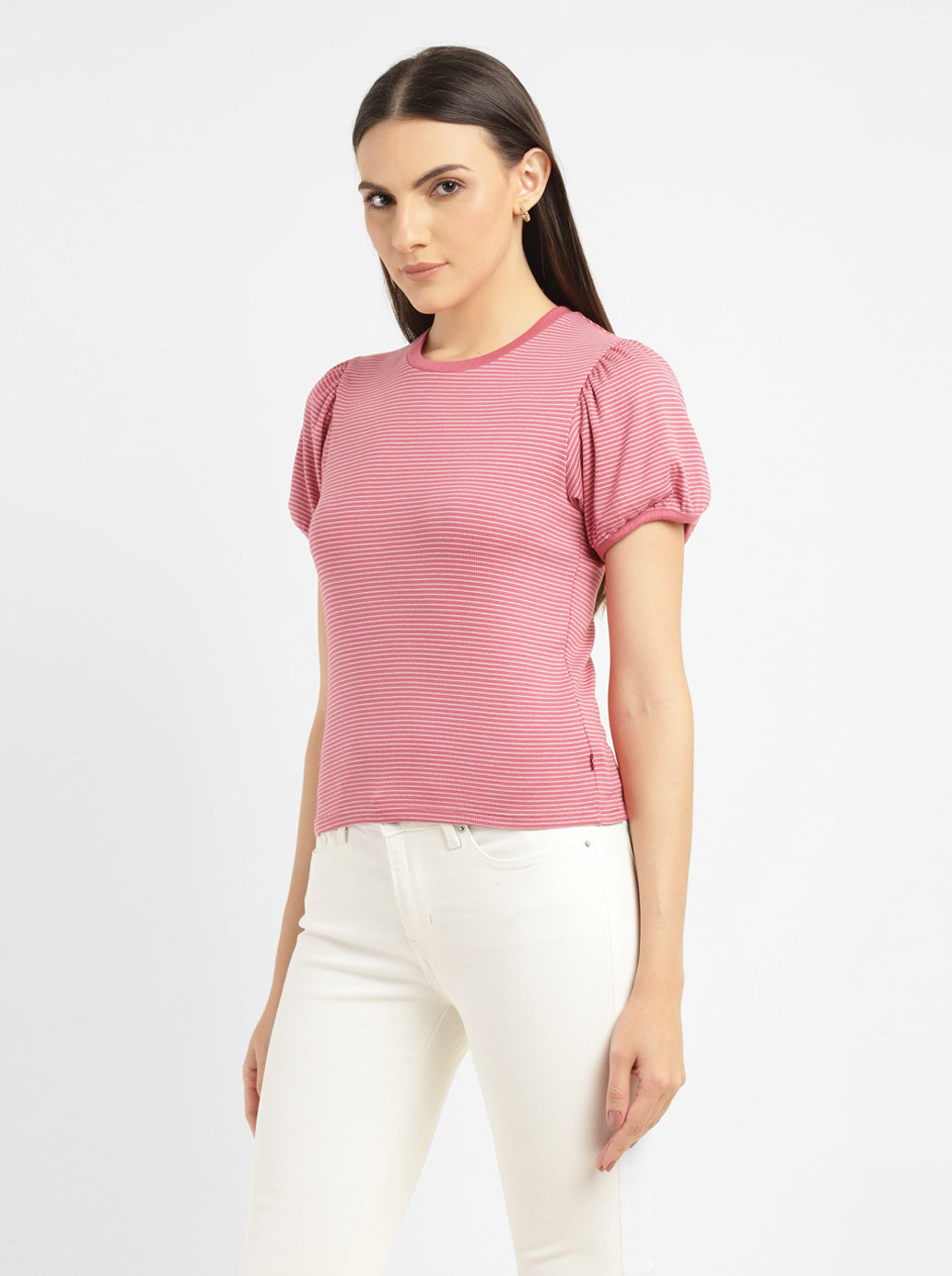 Women's Striped Pink Round Neck Tops