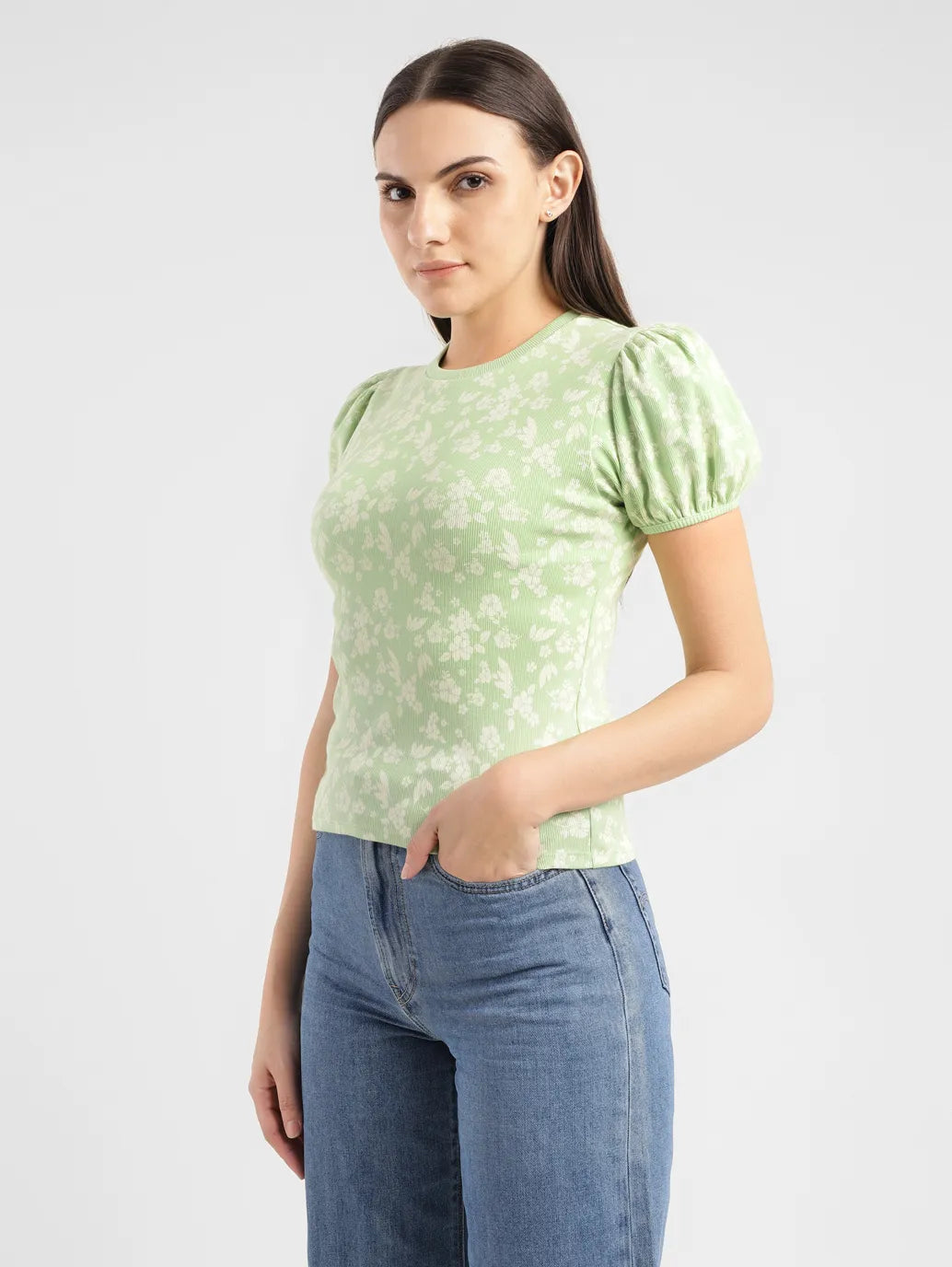 Women's Floral Green Crew Neck Top