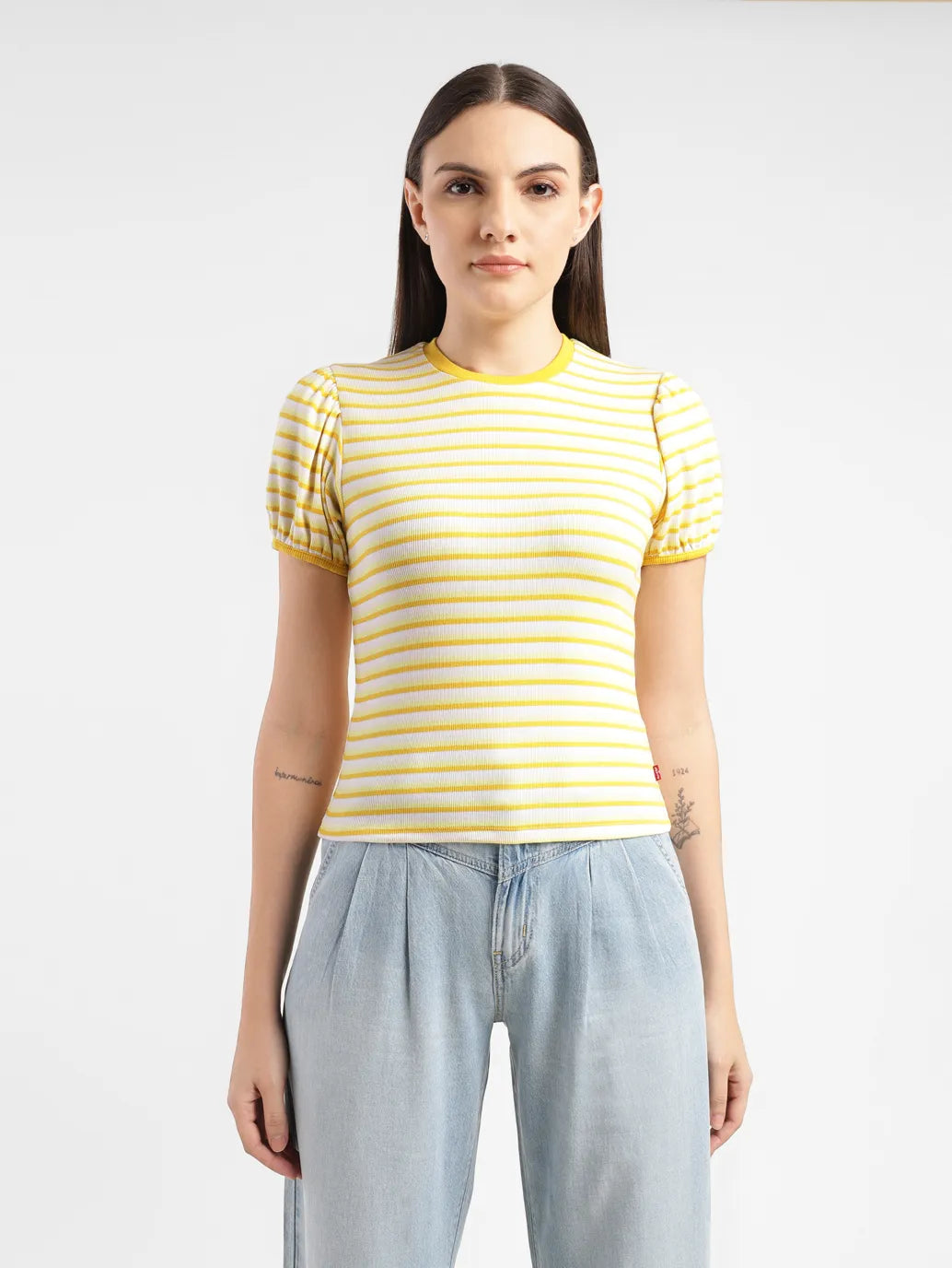 Women's Striped Yellow Crew Neck Top