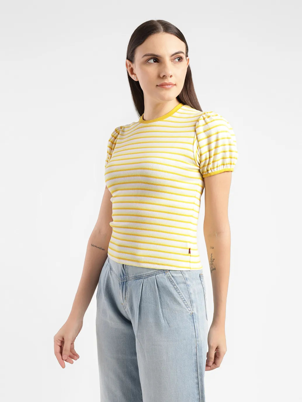 Women's Striped Yellow Crew Neck Top