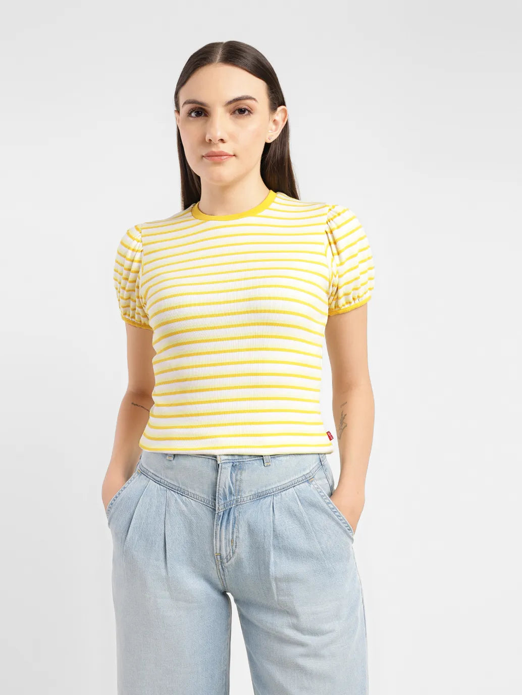 Women's Striped Yellow Crew Neck Top