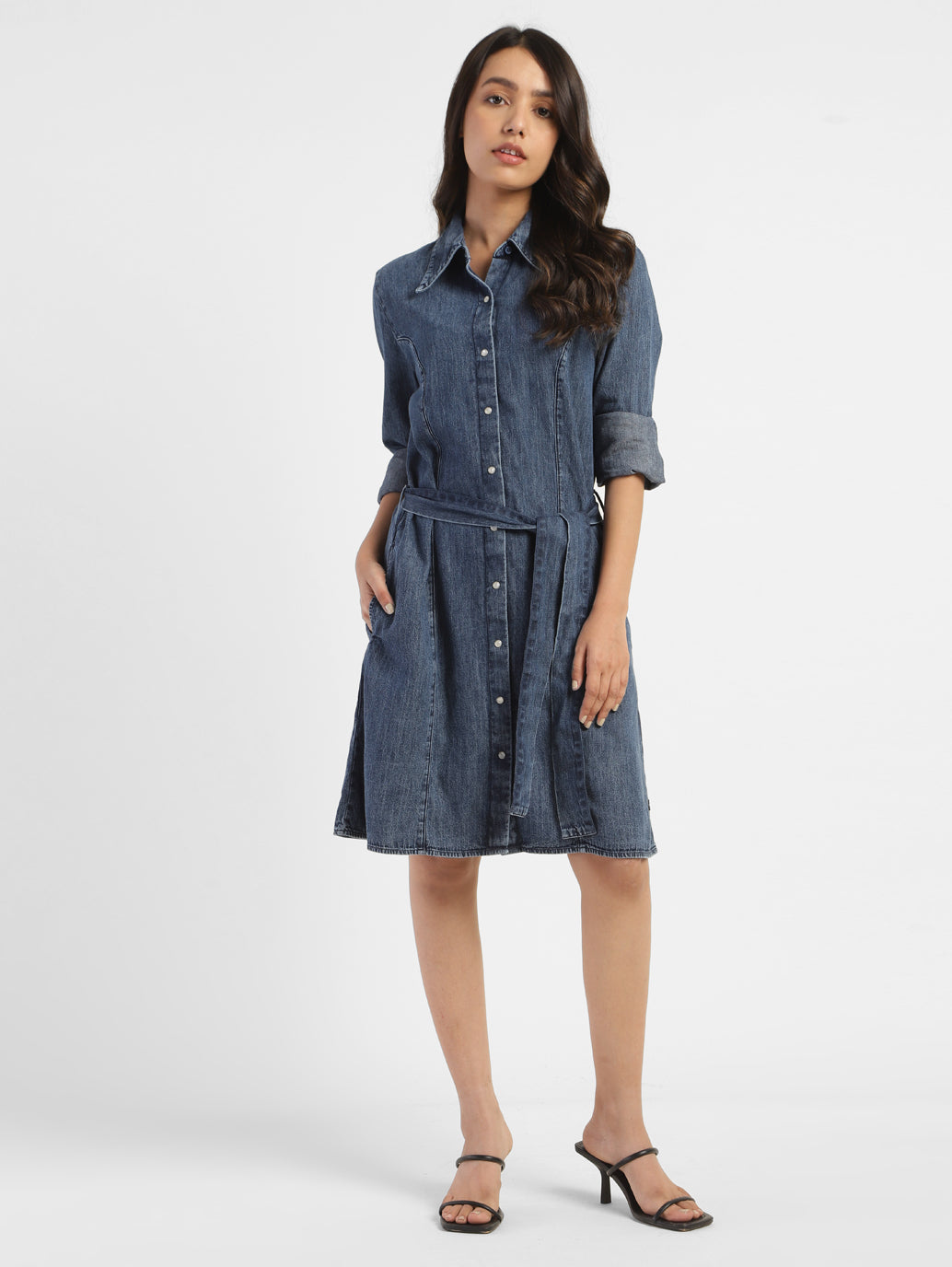 Women's Solid Mid Indigo Spread Collar Dresses