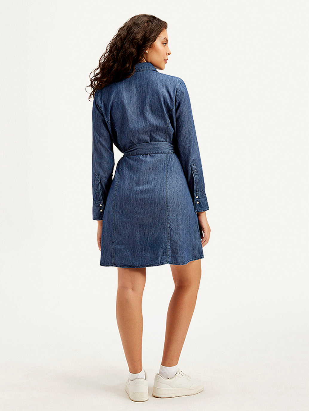 Women's Solid Navy Spread Collar Dress - Back View