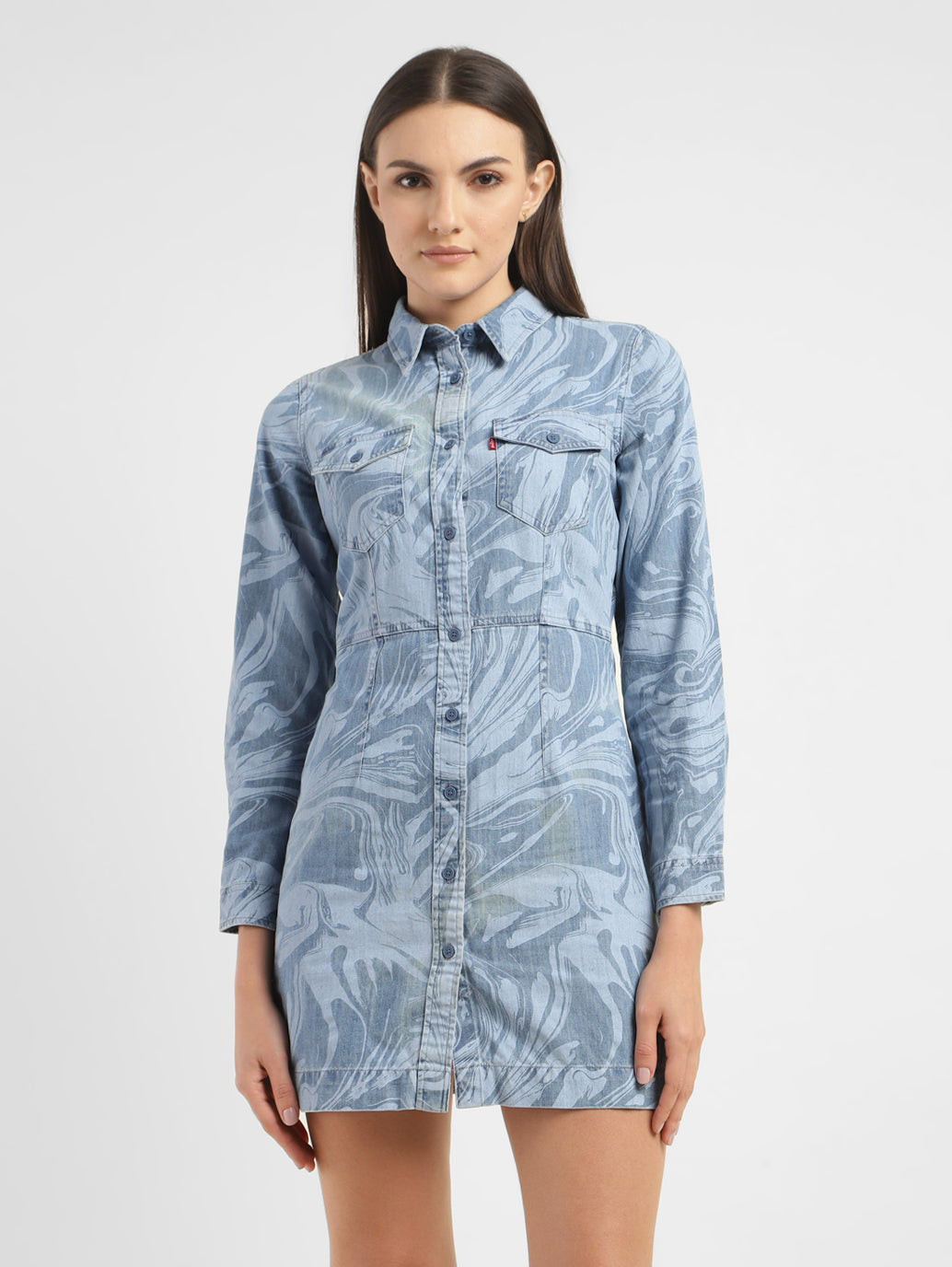 Women's Printed Spread Collar Denim Dress