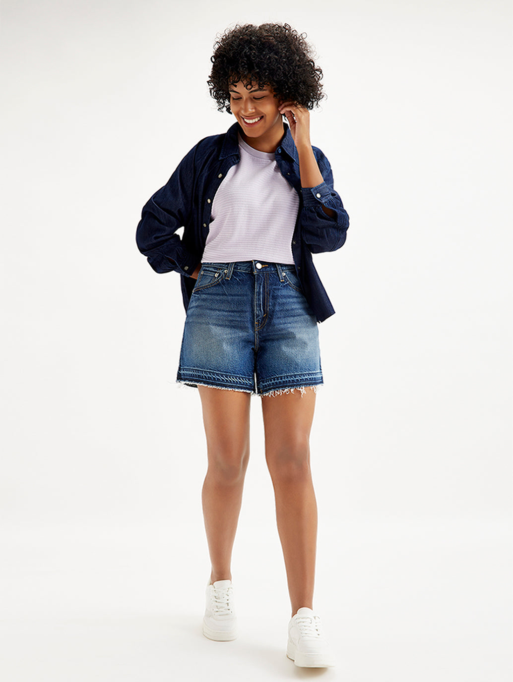 Women's Mid Rise Navy Relaxed Fit Denim Shorts