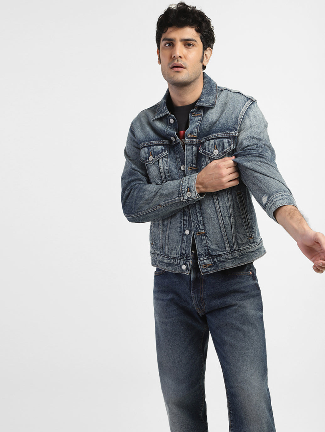 Men's Solid Blue Spread Collar Denim Jacket