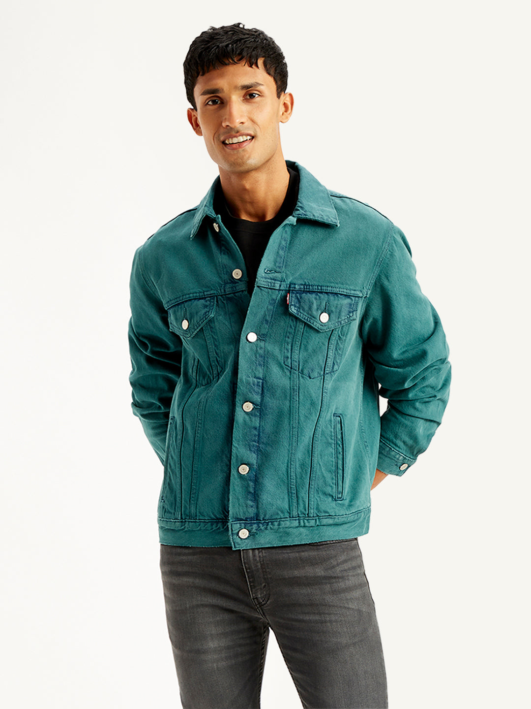 Men's Solid Teal Spread Collar Trucker Jacket