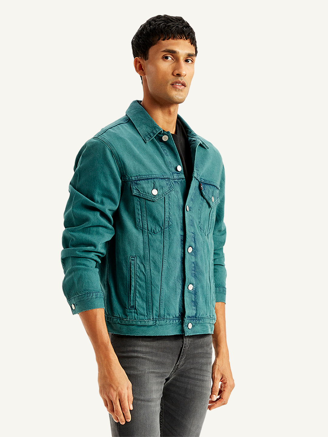 Men's Solid Teal Spread Collar Trucker Jacket