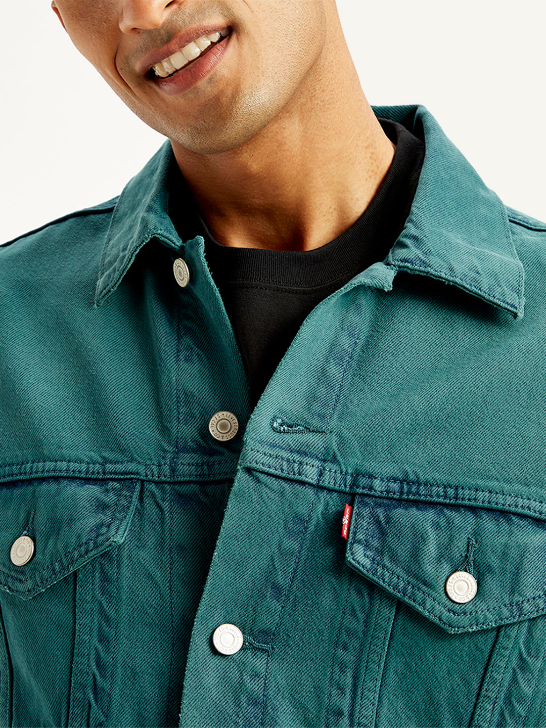 Men's Solid Teal Spread Collar Trucker Jacket