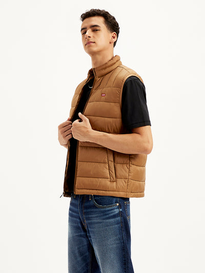 Men's Quilted Brown High Neck Puffer Jacket-image-32