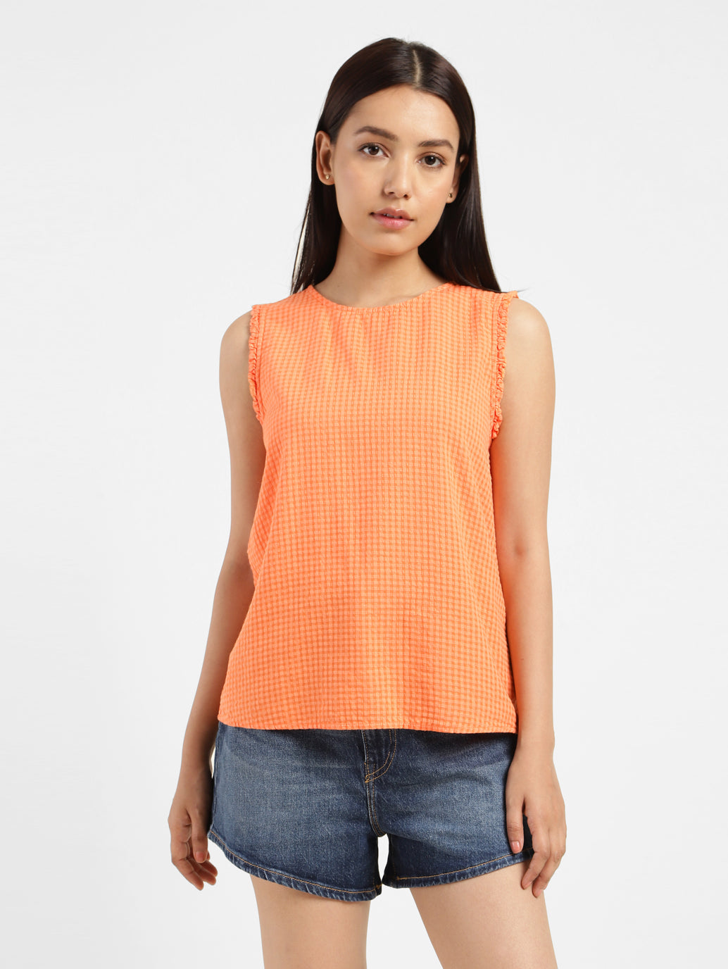 Women's Checkered Orange Round Neck Top