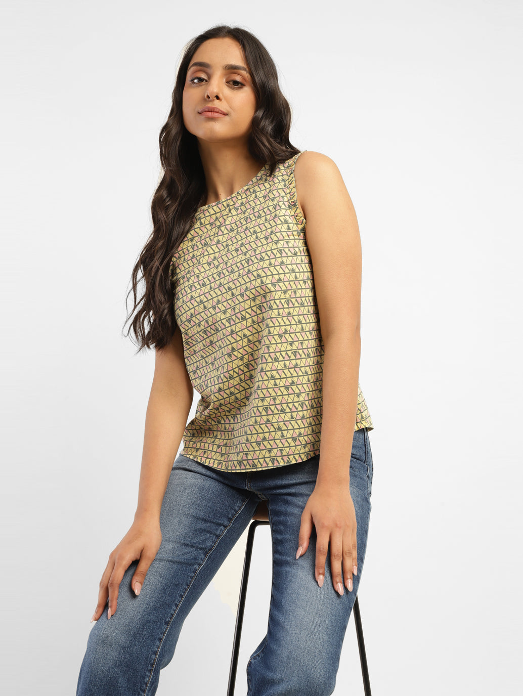 Women's Geometric Yellow Round Neck Top