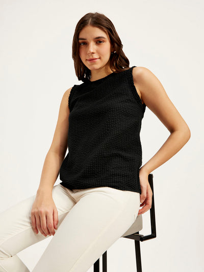 Women's Textured Black Round Neck Top