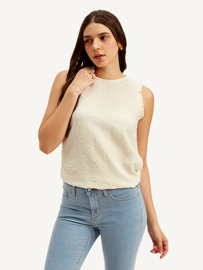 Women's Textured White Round Neck Top