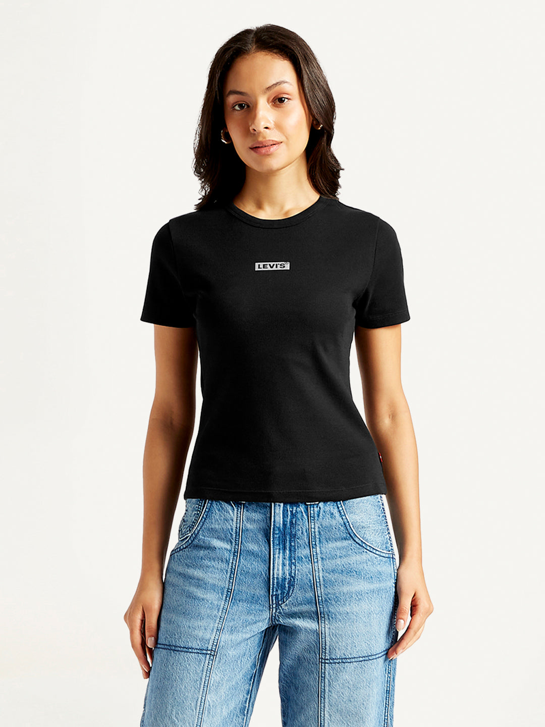 Women's Solid Crew Neck Ribbed T-Shirt - Front View