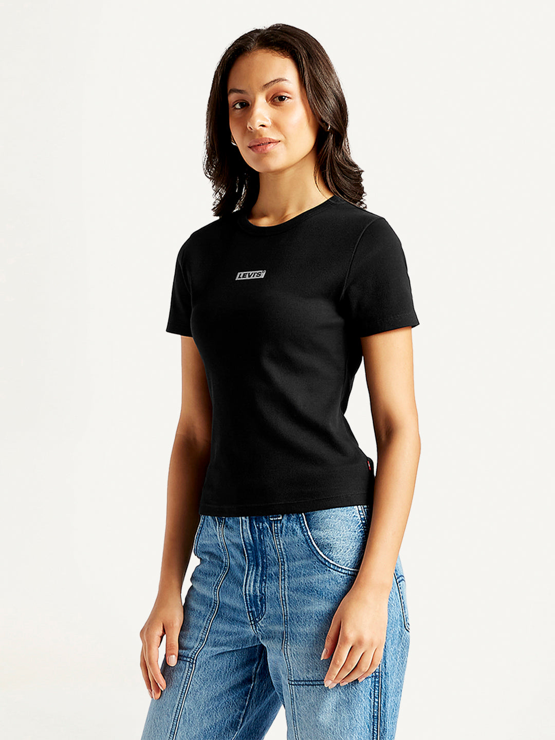 Women's Solid Crew Neck Ribbed T-Shirt - Side View