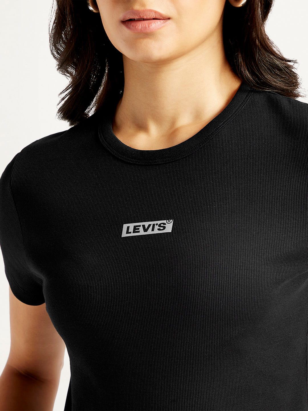Women's Solid Crew Neck Ribbed T-Shirt - Detail View